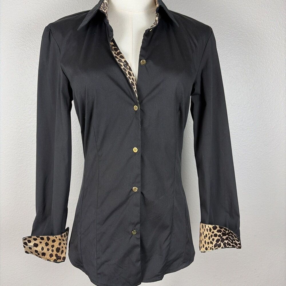 Roberto Cavalli Black Leopard Button Up Shirt Top Small Silk Trim Animal Print